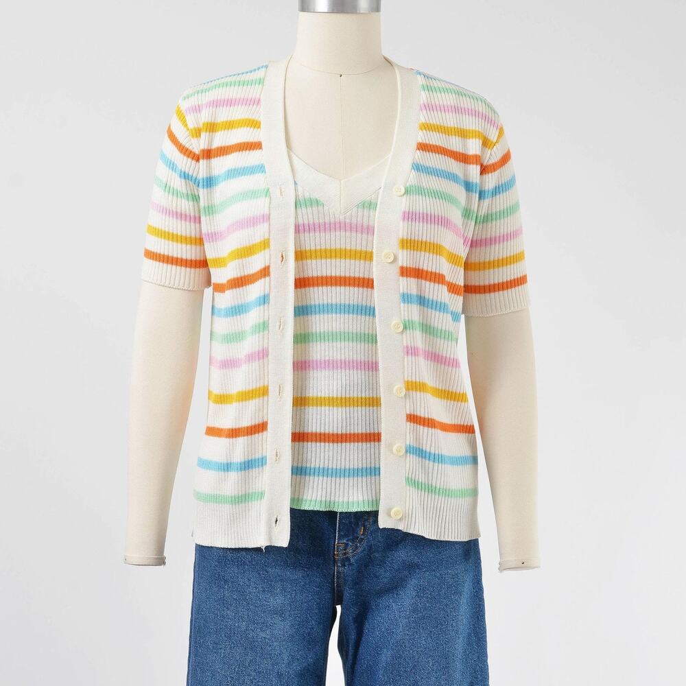 Vintage 70s Striped Sweater Set Ribbed Knit Cami Tank Top Button Down Cardigan S